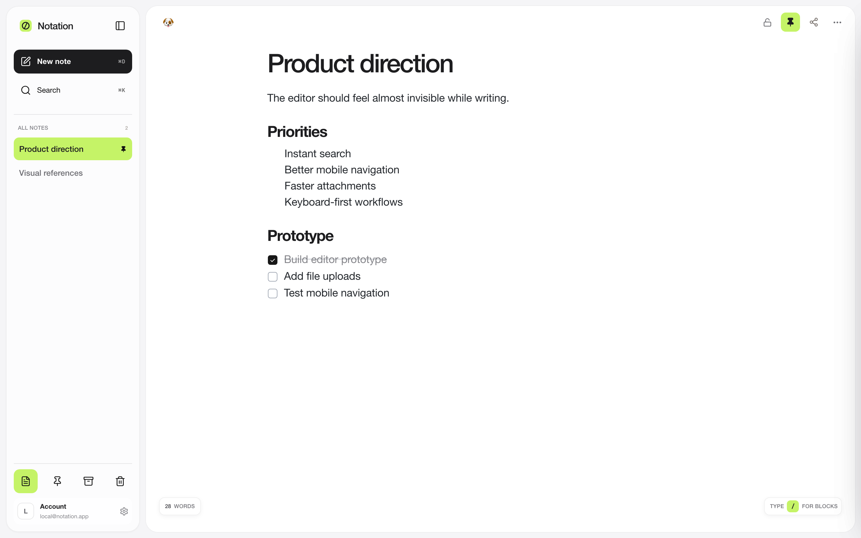 Notation editor showing a product direction note